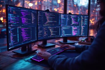 Naklejka premium Programmer Coding in Modern Office Technology Development and Design for Website Software Applications
