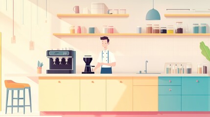 Cafe barista preparing coffee machine, sunny interior