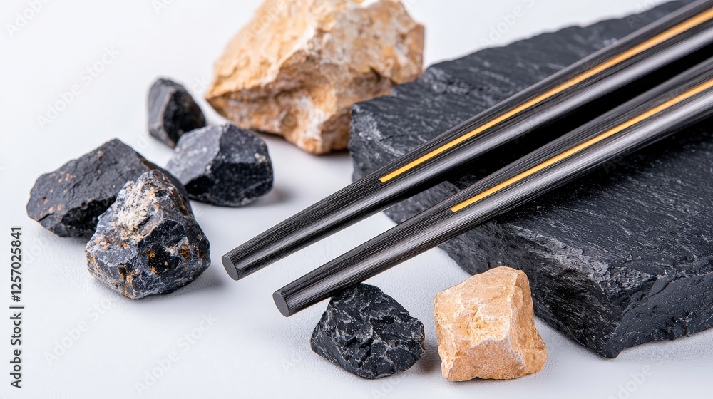 Poster black chopsticks with yellow line rest on textured stones, surrounded by various rocks, creating nat