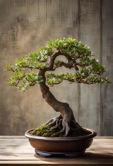 Fototapeta premium A small Japanese bonsai tree in a pot, a beautiful piece of nature art for garden decoration