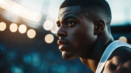 A young Black male athlete readies to sprint on the track, focused under stadium lights