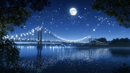 Nighttime Scene of a Bridge Illuminated by Stars and a Full Moon over a Calm River Under a Starry Sky