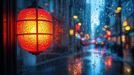 Fototapeta premium Rainy Night Cityscape with Illuminated Red Lantern