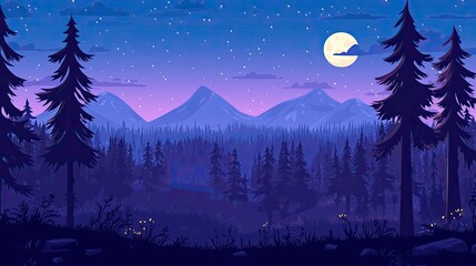 Fototapeta premium Serene night landscape with mountains, pine trees, and a full moon illuminating the sky
