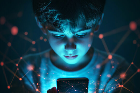 A young boy in a dark room, her face lit by the light from her phone. Screen time and Internet danger. The risks of cyber danger and the impact of social media platforms on kids and teenagers