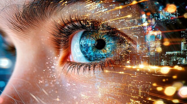 close up of blue eye with cityscape reflection, symbolizing futuristic vision. image blends human features with urban elements, creating sense of technology and modernity