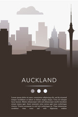 Naklejka premium Auckland city template for website, presentation, front page, invitation, publication sheet with skyline, landmarks. Vector New Zealand image layout, simple and grayscale