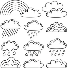 Cute Cloud Drawings Rainbow, Rain, Snow, and Various Cloud Shapes