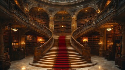 Grand library's red-carpeted staircase, ornate architecture, bookshelves, interior