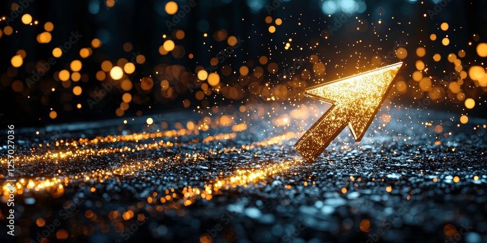 Poster glowing golden arrow points forward on dark, glittering surface, symbolizing progress and direction.