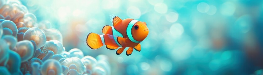 Naklejka premium A vibrant clownfish swims among colorful coral, showcasing its bright orange and white coloration in a serene underwater environment.