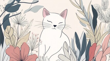 illustration A white cat surrounded by colorful tropical leaves and flowers.
