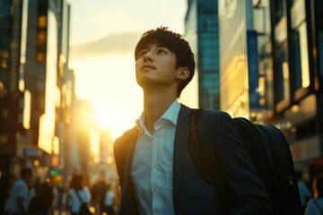 Fototapeta premium Handsome young Asian businessman walking in the city, wearing a business suit and white shirt with a black suitcase on his shoulder, looking up at the skyscrapers during sunset