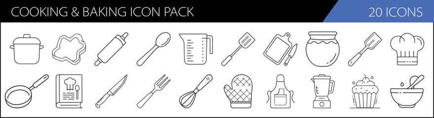Cooking and Baking Icon Pack Collection - A collection of 20 simple icons featuring kitchen tools and baking items like rolling pins, spoons, bowls, and cupcakes.

