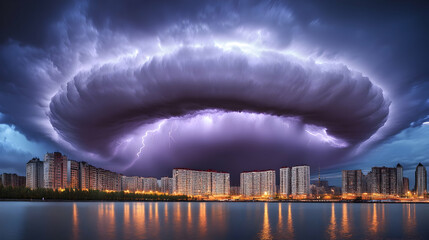 Cityscape thunderstorm; lightning strikes over river