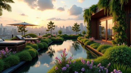 Fototapeta premium Luxurious rooftop garden with pond, lush greenery, lounge area, and city skyline at sunset 