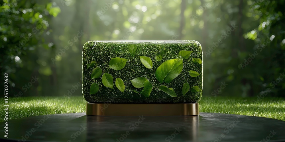 Aufkleber rectangular object covered in lush green leaves sits on circular platform in forest setting, surroun