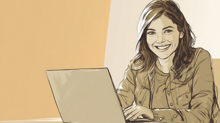 Fototapeta premium illustration simple line drawing A Woman smiling while working with laptop.