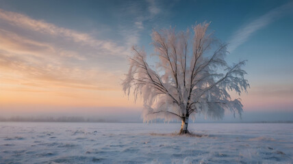 Frozen Solitude: The Lonely Birch. A single birch tree, covered in frost, stands in the middle of an endless snowy field. The sky glows with the soft hues of an Arctic sunrise.