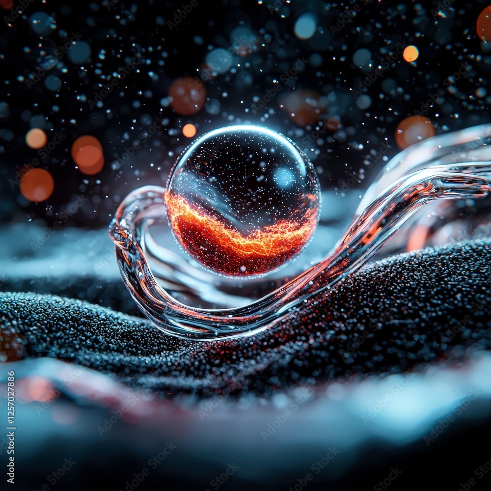 Poster glowing energy orb floats in mid air, surrounded by swirling particles and abstract waves, creating 