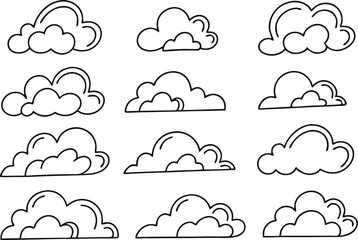 Twelve Simple Line Drawings of Fluffy White Clouds