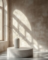 Minimalist 3D Product Display Podium with White Background Soft Lighting and High Contrast Shadows