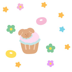 Cupcake with puppy cookie, flower, star for sweet dessert, bakery, pastry, pet snack, department store, cafe, restaurant, menu, recipe, baking book, brunch, sticker, foodie, Chocolate's Day, animal