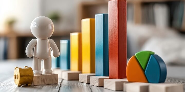 3D humanoid figure stands next to colorful bar graphs and pie chart, symbolizing data analysis and business growth. scene is set on wooden surface, creating professional atmosphere
