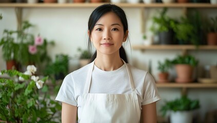 Woman Wearing Apron Smiles Confidently Among Plants, Cultivating Greenery and Happiness in a Peaceful Setting