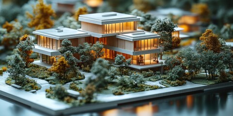 Real Estate Development Team Collaborating on Modern Business Building Project with Scale Model in Office Setting