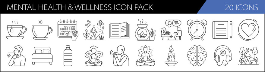 Mental Health and Wellness Icon Pack Collection - A collection of 20 simple icons focusing on mental health and wellness, including items like tea, meditation, books, and relaxation.

