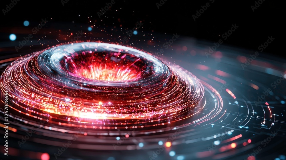 Poster mesmerizing 3d simulation of gravitational forces and energy fields, showcasing swirling particles a