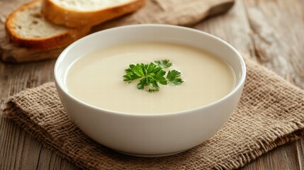 Creamy Soup Garnished with Fresh Herb and Bread on Rustic Table