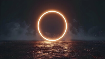 Obraz premium Glowing ring, night sky, clouds, dark water, abstract background, design element