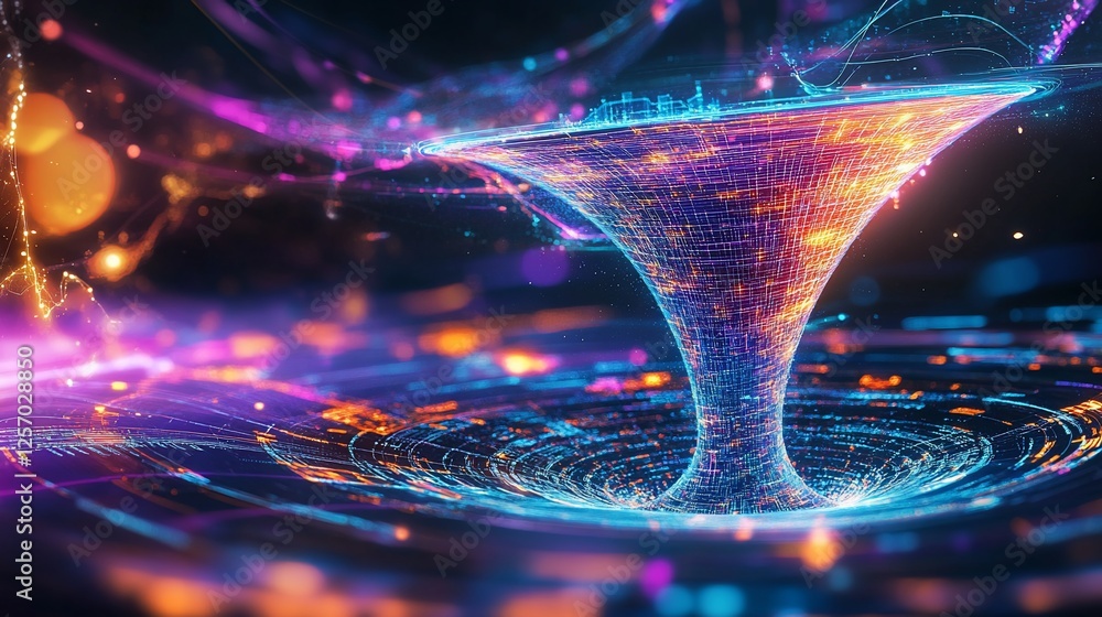 Poster abstract digital data vortex with light streaks and geometric patterns on dark background