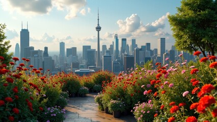 Urban rooftop garden with colorful blooming flowers and city skyline view	