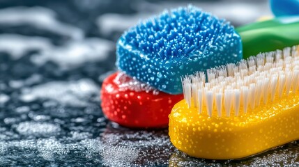 Colorful Cleaning Brushes with Water Droplets on White Background
