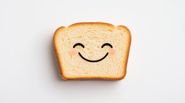 Happy slice of bread with a smiling face on a clean white background, ideal for food-related content