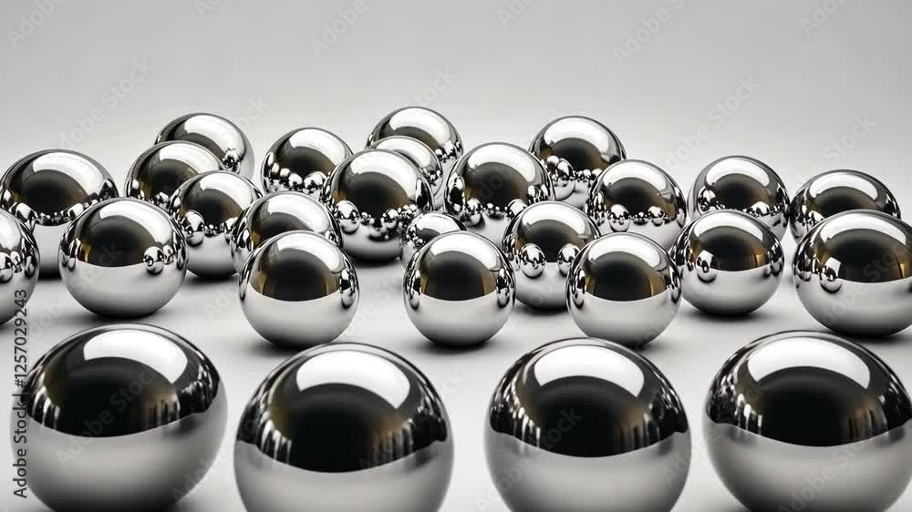 Poster shiny metallic spheres arranged in a dynamic pattern