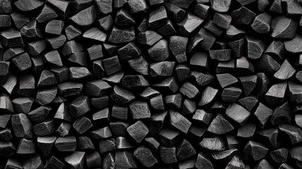 High-quality texture background of pitch-black coal or carbon pieces with rough, uneven surfaces, showcasing the raw, natural details of fossil fuel materials for industrial, energy, or environmental 