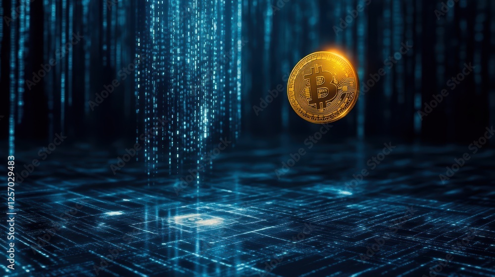 Poster digital representation of bitcoin cryptocurrency with a dark background and glowing elements