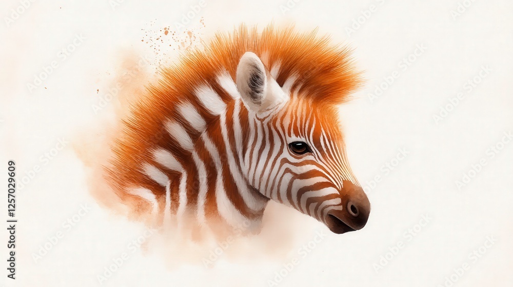 Poster brown and white zebra with many thin stripes is depicted in soft, artistic style, showcasing its uni