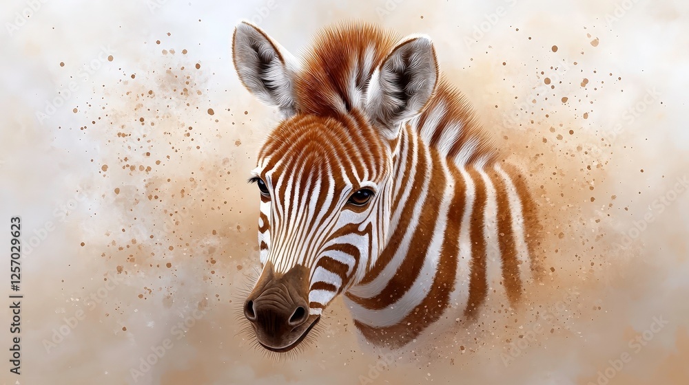 Poster brown and white zebra with thin stripes is depicted creative, artistic style, surrounded by splatter