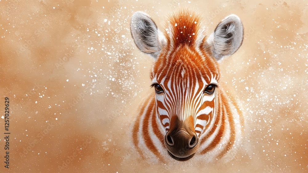 Poster brown and white zebra with thin stripes stands against textured background, creating striking visual