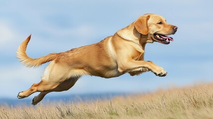 A playful golden retriever leaps joyfully across a grassy field under a blue sky