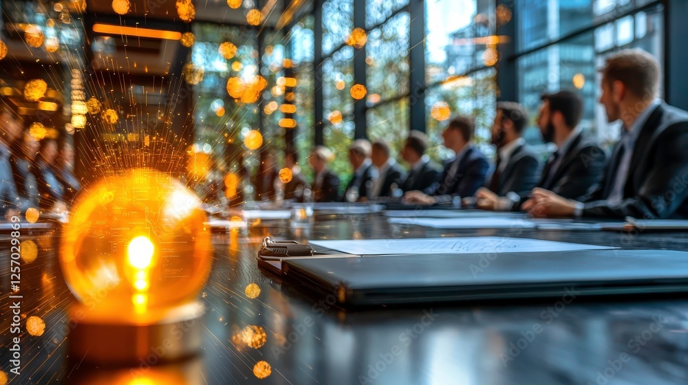 Poster group of business professionals in meeting room with glowing light bulb symbolizing innovation and i