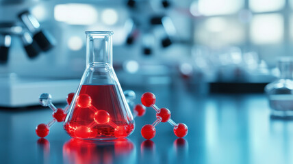 Laboratory flask with red liquid and molecular models, showcasing scientific exploration and innovation