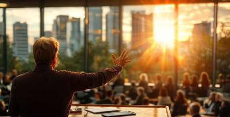 business professional delivers pitch to group in modern conference room with cityscape view at sunset, creating inspiring atmosphere