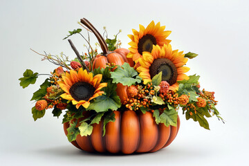 Naklejka premium Autumn harvest arrangement with white pumpkins and sunflowers, fall decorations, seasonal centerpiece, rustic decor, Thanksgiving, festive floral arrangement, fall flowers, natural textures