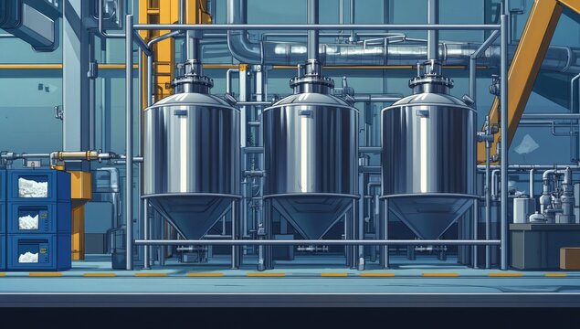 Industrial Facility Interior Depicting a Series of Stainless Steel Fermentation Tanks within a Modern Manufacturing Plant. - Powered by Adobe